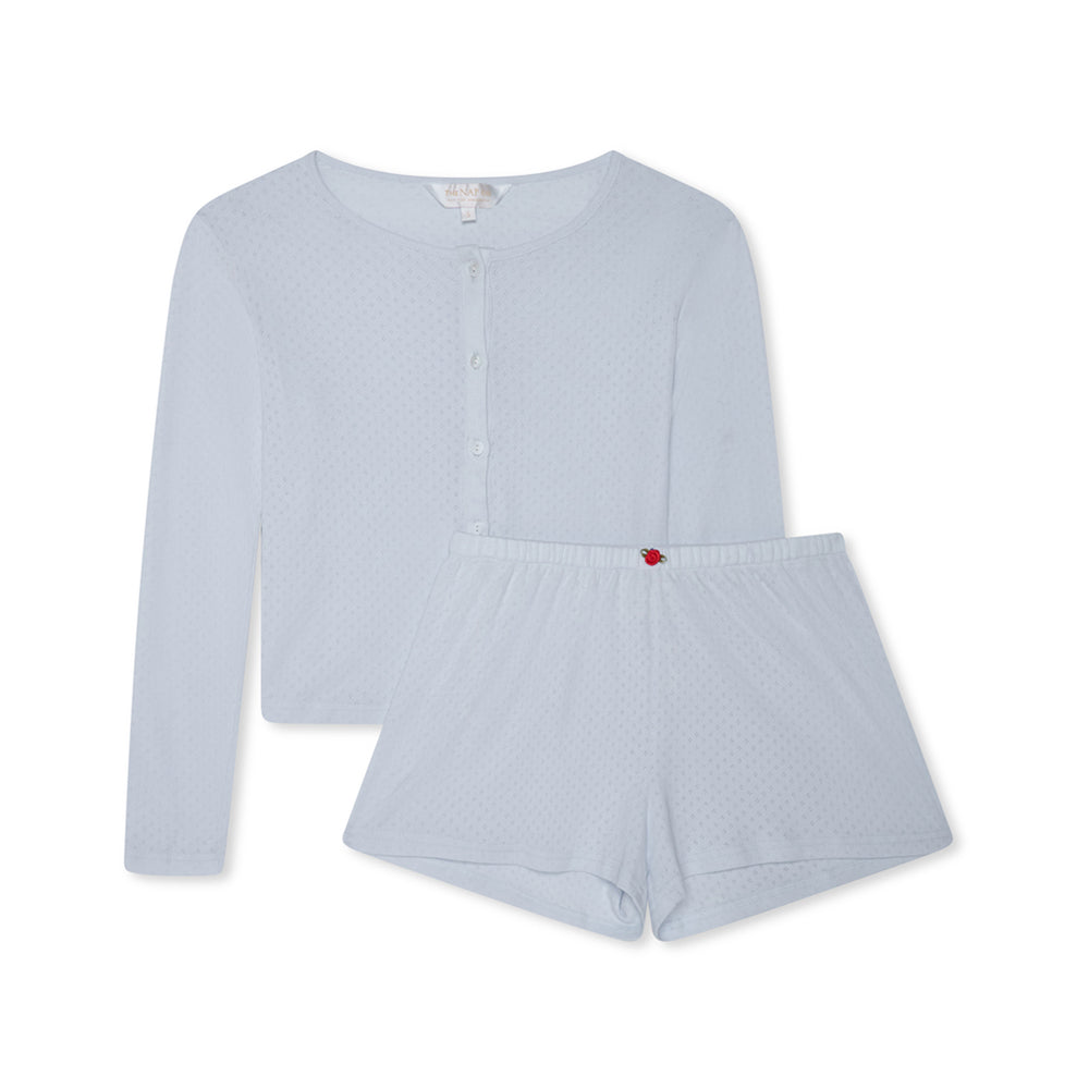 Pointelle Cardigan and Short Set- Baby Blue/Red - The NAP Co.