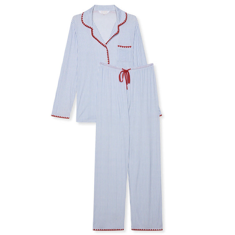 Stretch Contrast Stitch Pyjama Trouser Set - Blue Stripe/Red